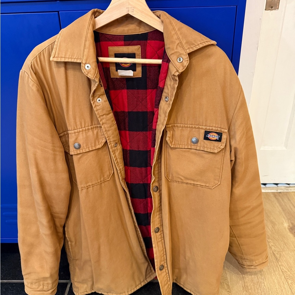 Dickies Men's Brown Shirt Jacket with Red Plaid Interior